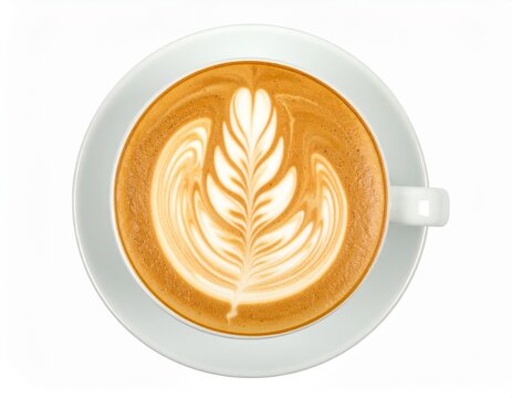Overhead view of a perfectly crafted latte with intricate leaf-shaped latte art