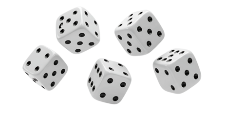 flying five white dice isolated on transparent cutout background, cut out, png