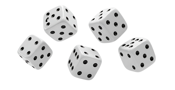 flying five white dice isolated on transparent cutout background, cut out, png