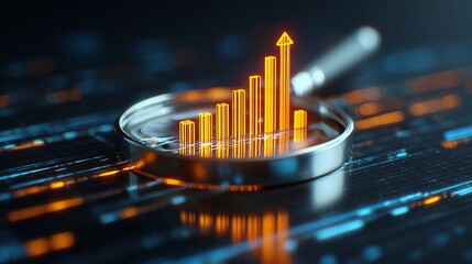 3D Orange Bar Graph Showing Rising Trend Viewed Through Magnifier on Digital Data Background