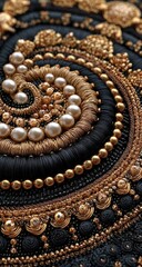 Close-up of a circular, textured, embroidered design.  Gold, cream, and black embellishments create a spiral pattern