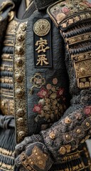 Close-up of ornate samurai armor.  Embroidered details and gold accents