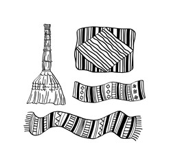 Hand drawn illustration of broom and rugs. Country rugs, home broom.