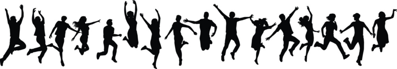 Silhouettes of people jumping with joy, expressing freedom, energy, teamwork, excitement, celebration, happiness, success, active lifestyle, motion, unity