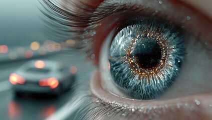 Close-up of an eye, futuristic design, with city lights blurred in background