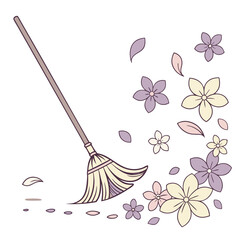 Broom sweeping away flowers and petals isolated on white background