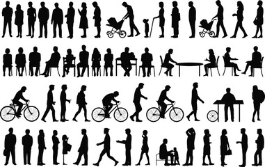 Silhouettes of people sitting, walking, talking, biking, using strollers and interacting in public spaces, illustrating everyday human urban life