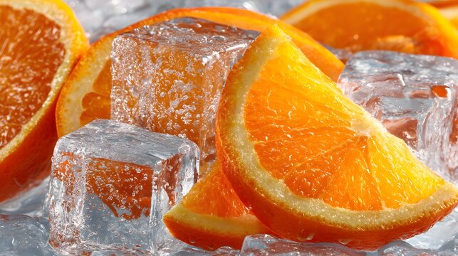 Vibrant orange slices rest atop a bed of glistening ice cubes, creating a refreshing visual display.