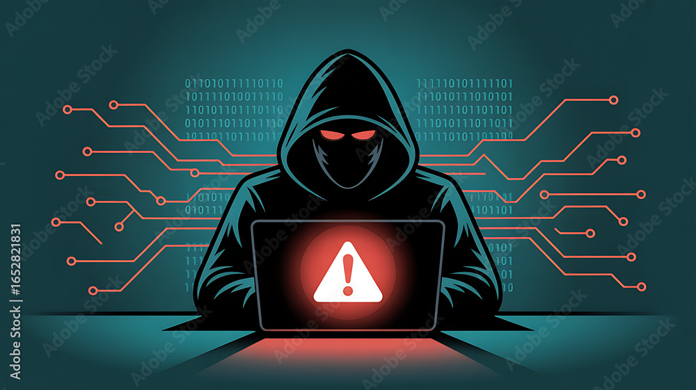 Aufkleber mysterious hooded figure with glowing red eyes working on a laptop displaying a warning symbol amids