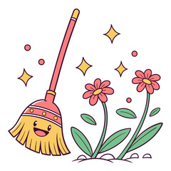 Smiling broom with flowers and sparkling stars isolated on white background