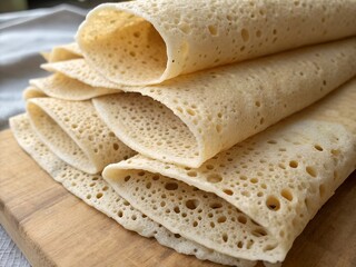 A close up view shows many light golden porous pancakes or flatbreads neatly stacked and rolled on a natural brown wooden surface.