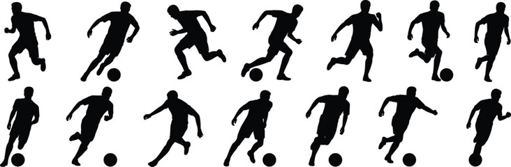 Soccer player silhouette collection, football dribbling poses, male athlete running with ball, sports vector action figures for athletic design elements