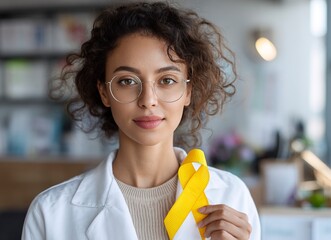 A female doctor holding a yellow ribbon in a hospital office, representing the concept of World Cancer Day. The young woman, a medical worker with dark curly hair and glasses,