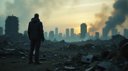 Lone survivor with a contemplative mood looking at the ruins of a post-apocalyptic city at sunset - Powered by Adobe
