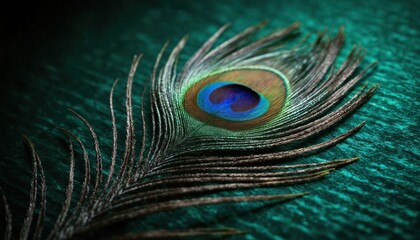 Obraz premium Close-up vibrant peacock feather on textured dark green background. Intricate details, iridescent colors blue, green, brown. Delicate soft plumage, symmetry, natural organic pattern. Exotic bird