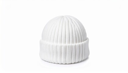 Fototapeta premium Cozy White Knit Beanie Hat on Soft White Background Perfect for Winter Fashion and Seasonal Style