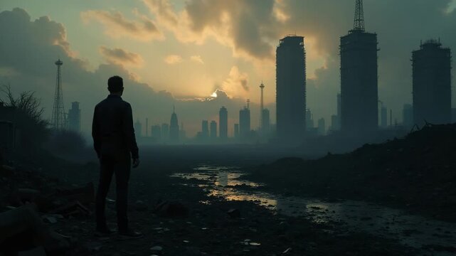 Lone survivor with a contemplative mood looking at the ruins of a post-apocalyptic city at sunset