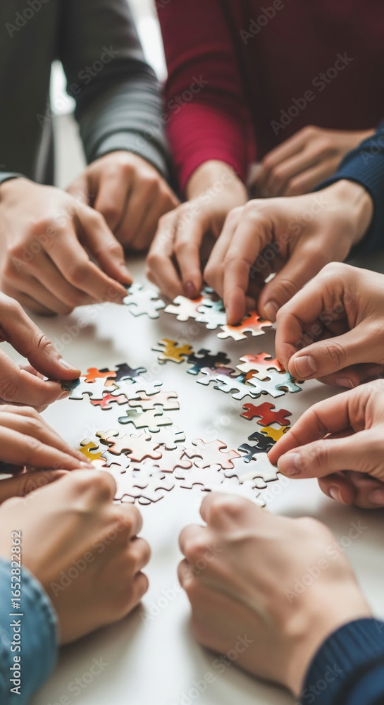 Poster close-up of hands assembling colorful jigsaw puzzle pieces, representing teamwork, collaboration, an