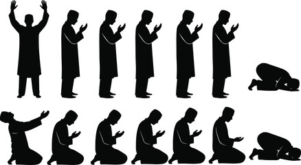 Vector illustration of Muslim man performing Islamic prayer steps, salah positions, worship, devotion, spirituality, religion, faith, Ramadan, Eid celebration, cultural tradition