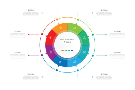 Business visualization infographic circle design template with 8 options, steps or processes. Business presentation.