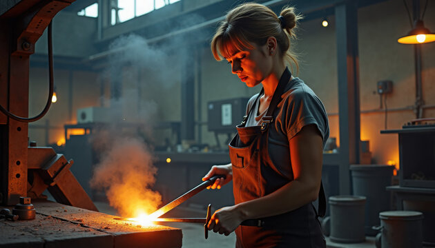 Female blacksmith forging metal with glowing piece in industrial workshop
