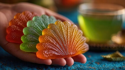 Hand holding colorful, fan-shaped,  jelly candies