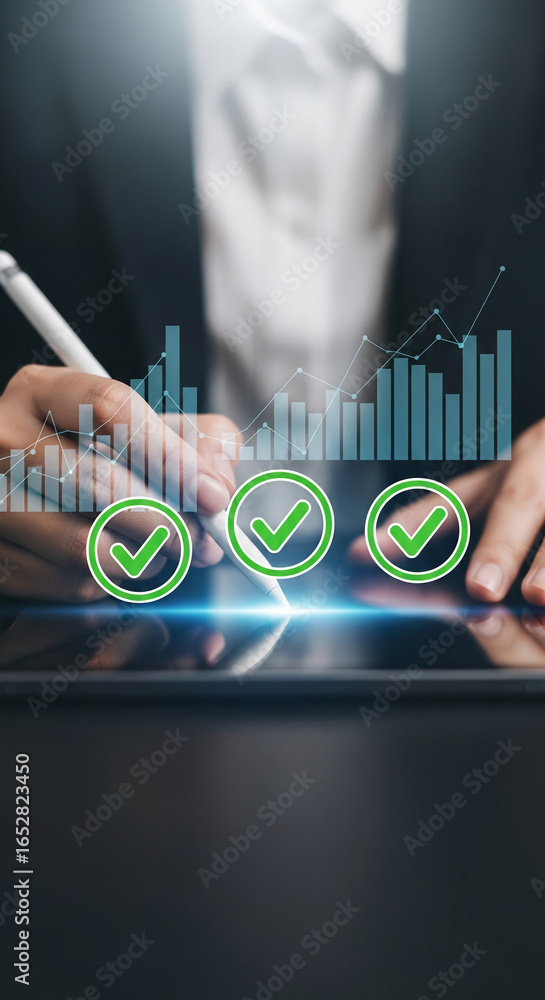 Poster hands using stylus on tablet, interacting with superimposed green checkmarks and growth graphs, symb