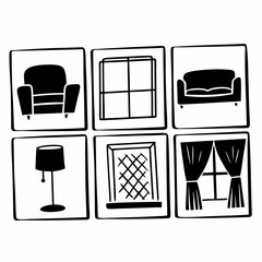 Interior design icons set isolated on white background featuring furniture, window, curtains, lamp, sofa, and chair for home decoration