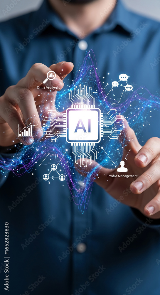 Poster hands interacting with digital ai interface, showcasing data analysis, profile management, and commu