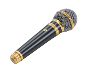 A black and gold handheld microphone isolated on transparent background