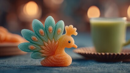 Colorful peacock figurine, blurred background, teacup