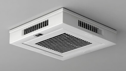 Square, white ceiling HVAC unit with dark metal grilles