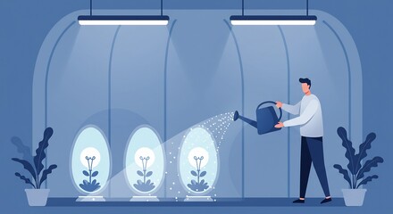 Obraz premium Young Man Watering Plants Indoors with Grow Lights in Modern Home