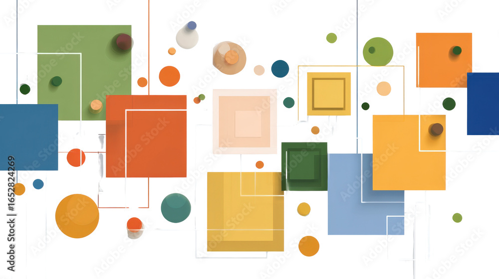 Fototapete abstract design with interlocking rectangles and floating circles, isolated on a transparent backgro