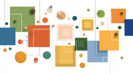 Abstract design with interlocking rectangles and floating circles, isolated on a Transparent background, PNG file.