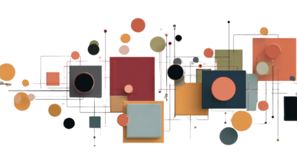 Abstract design with interlocking rectangles and floating circles, isolated on a Transparent background, PNG file.