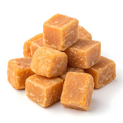 High-quality closeup image of a pile of golden-brown jaggery blocks