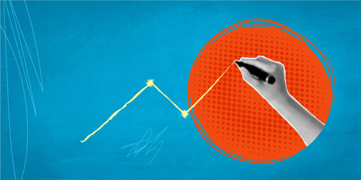 Trendy halftone pop art collage. Hand with marker draws upward arrow, stock market, stocks go up. Poster study businessmen picture chart arrow goes up there is capital budget profit