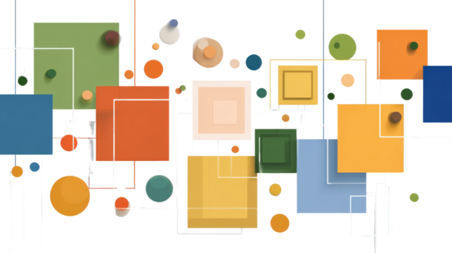 Abstract design with interlocking rectangles and floating circles, isolated on a Transparent background, PNG file.