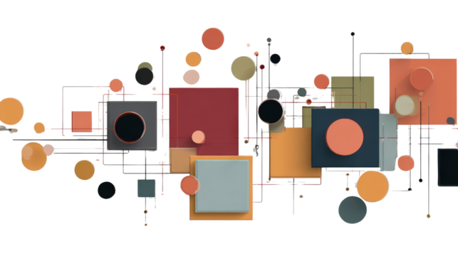 Abstract design with interlocking rectangles and floating circles, isolated on a Transparent background, PNG file.