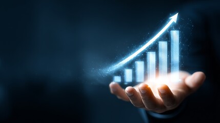Futuristic Business Growth Bar Chart Floating Above an Open Hand in a Dark Digital Environment