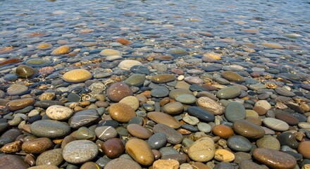 Smooth river stones under clear water, creating a tranquil and natural scene with reflections