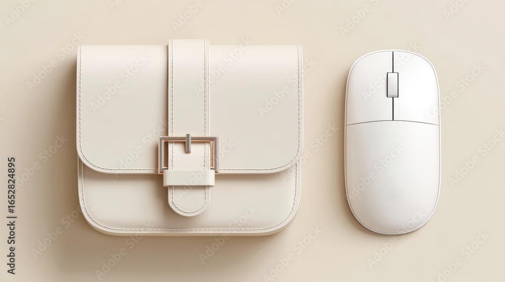 Poster a minimalist image featuring a white handbag and a matching computer mouse, emphasizing sleek design