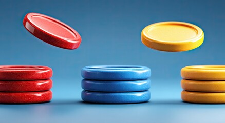Three stacks of colored tokens, two in flight