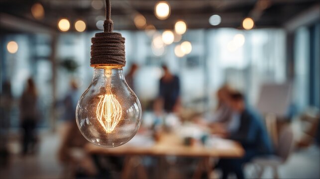 Creative Office Meeting Scene Focused on a Glowing Light Bulb Symbolizing Ideas and Innovation