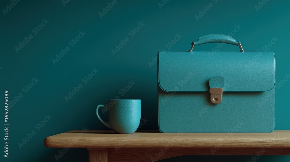 Poster a modern teal briefcase and a matching cup sit on a wooden table against a deep teal wall, creating 
