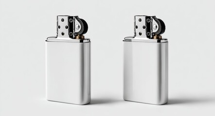 Two silver rectangular lighters, side-by-side, on a plain white background.  The lighters show detailed metal components