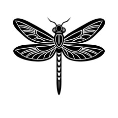 Stylized dragonfly with intricate black-and-white wings, radiating symmetry and visual elegance, Black and white dragonfly, dragonfly vector illustration, black and white butterfly.