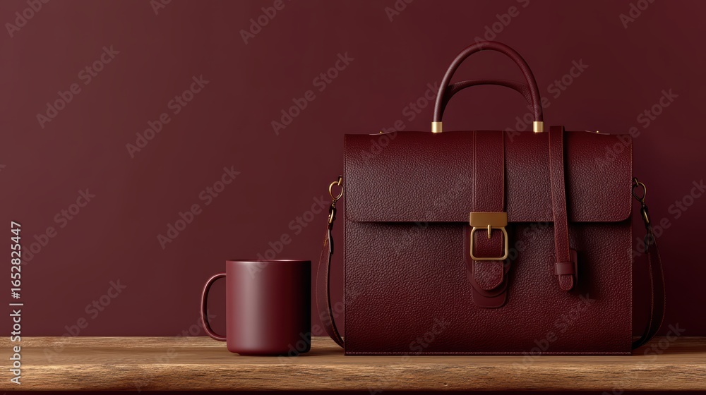 Poster a stylish maroon handbag and a matching mug rest on a wooden surface against a complementary backgro