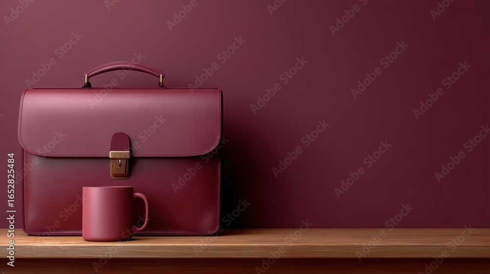 Poster a sleek maroon briefcase and matching mug rest on a wooden surface against a solid maroon wall, crea